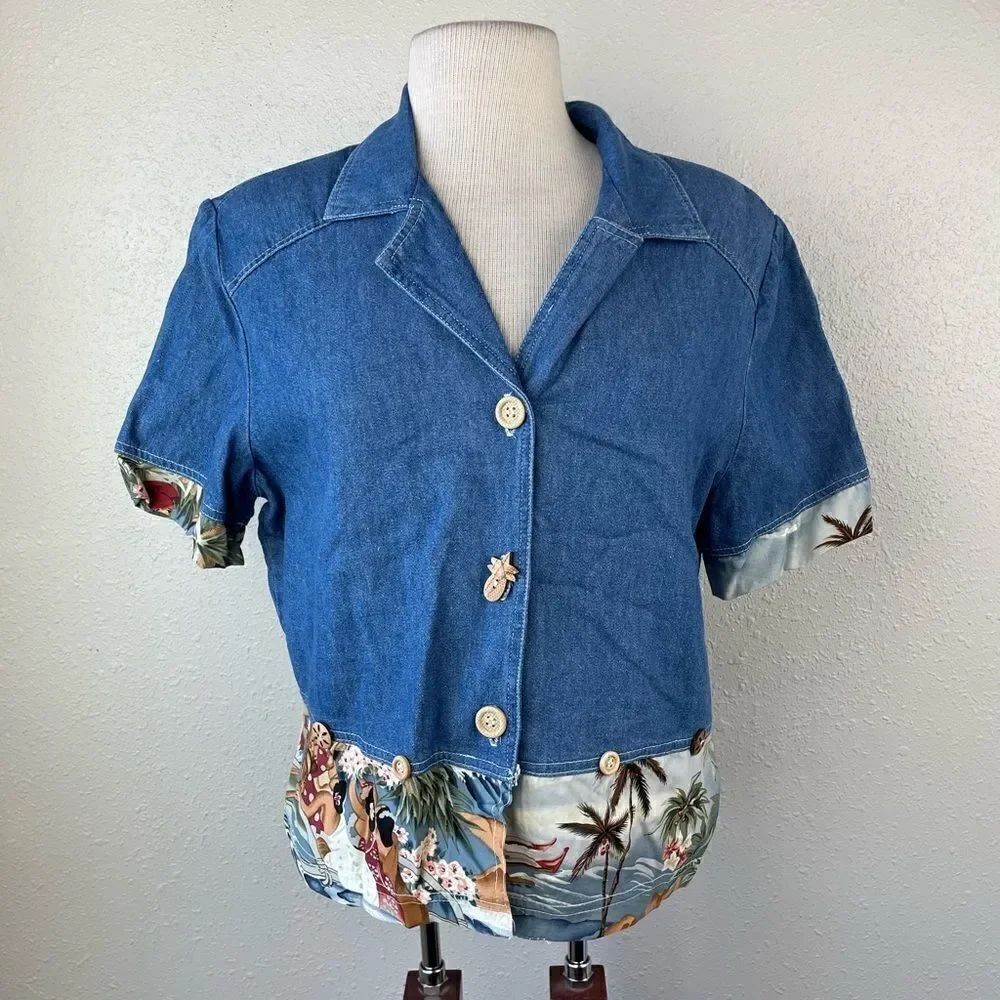 Vintage Nina Piccalino Hawaiian Denim Style Button Down Shirt Size 10 EUC